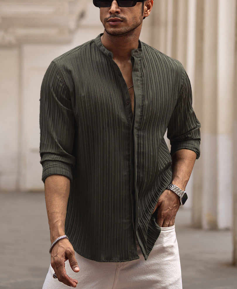Dark Green Striped Full Sleeves Shirt