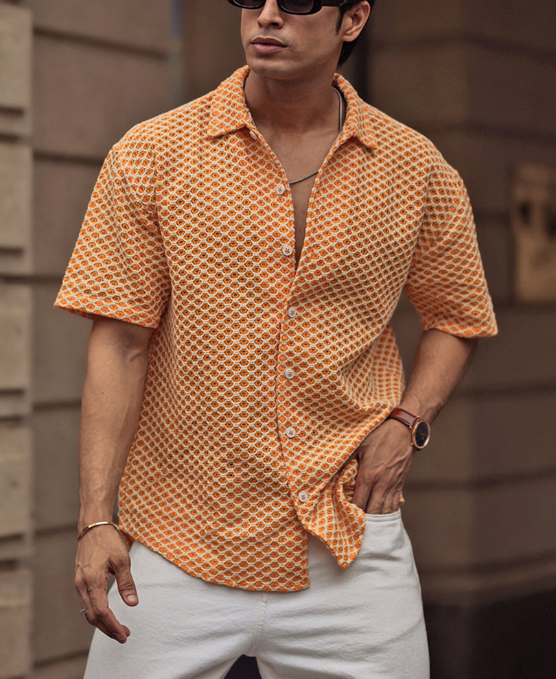 Orange and White Crochet Knit Oversized Shirt