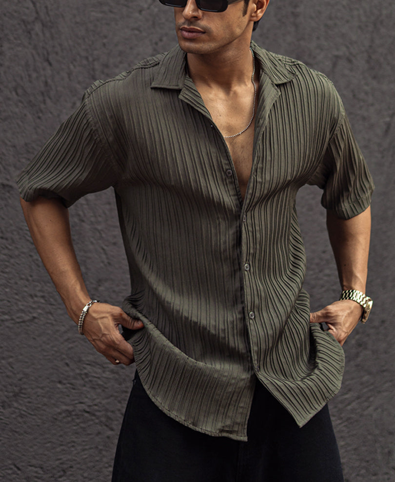 Olive Green Structured Striped Oversized Half Sleeves Shirt