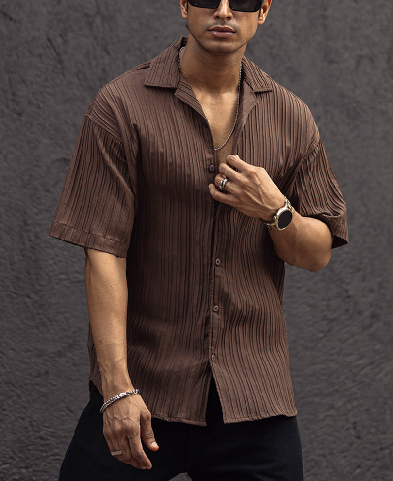 Brown Structured Striped Oversized Half Sleeves Shirt