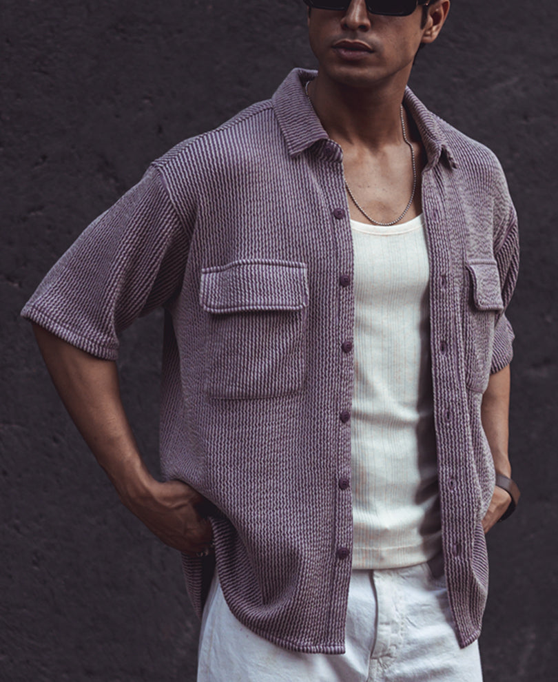 Purple Structured Knitted Shacket Oversized Half Sleeves Shirt