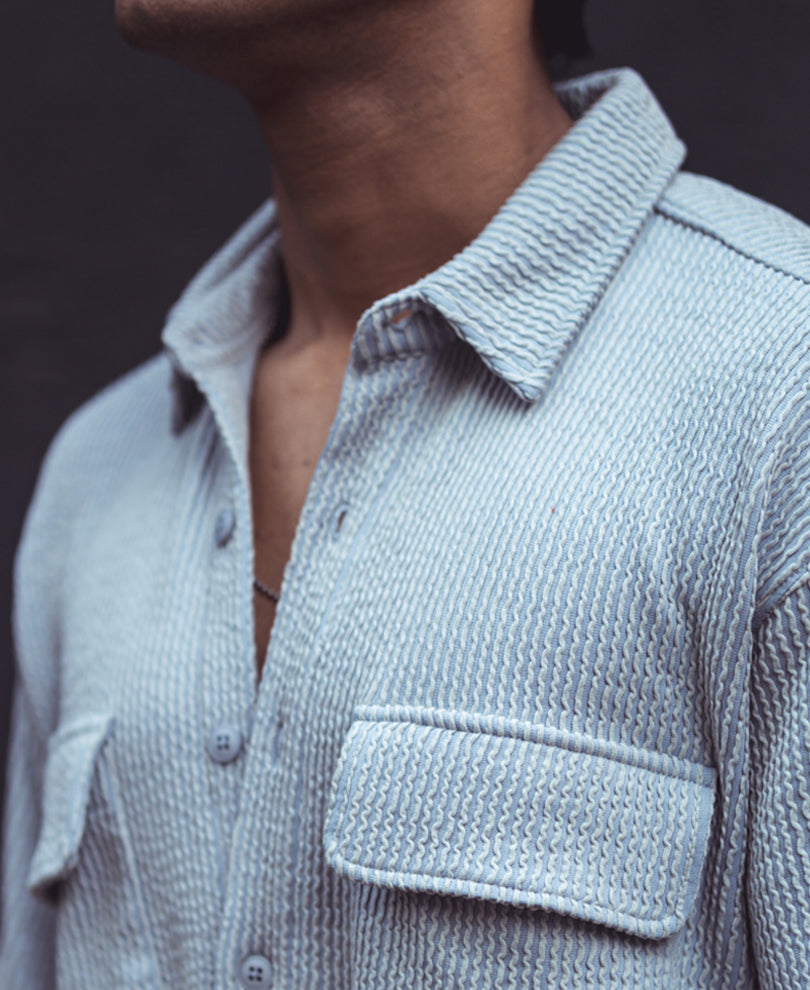 Sky Blue Structured Knitted Oversized Half Sleeves Shirt