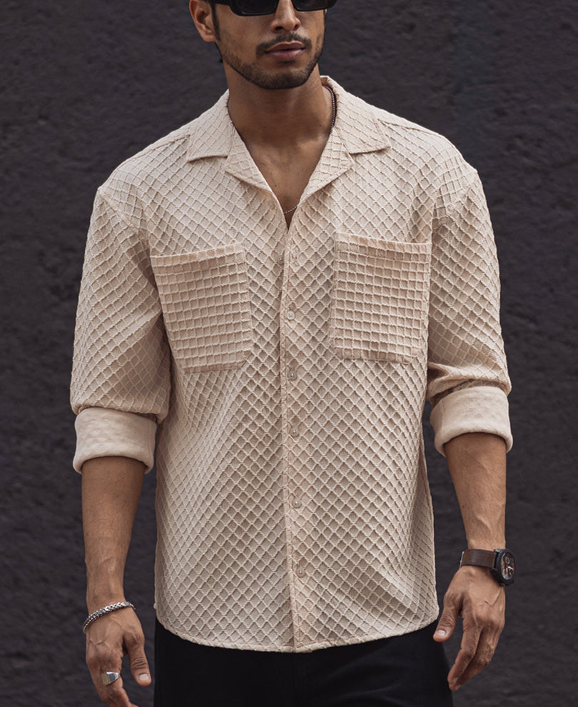 Cream Structured Oversized Full Sleeves Shirt