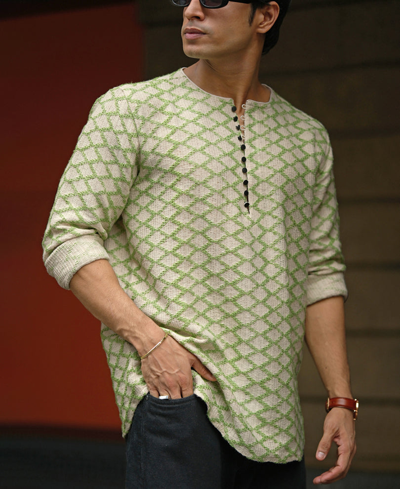 Green and Off White Crochet Kurta Style Shirt