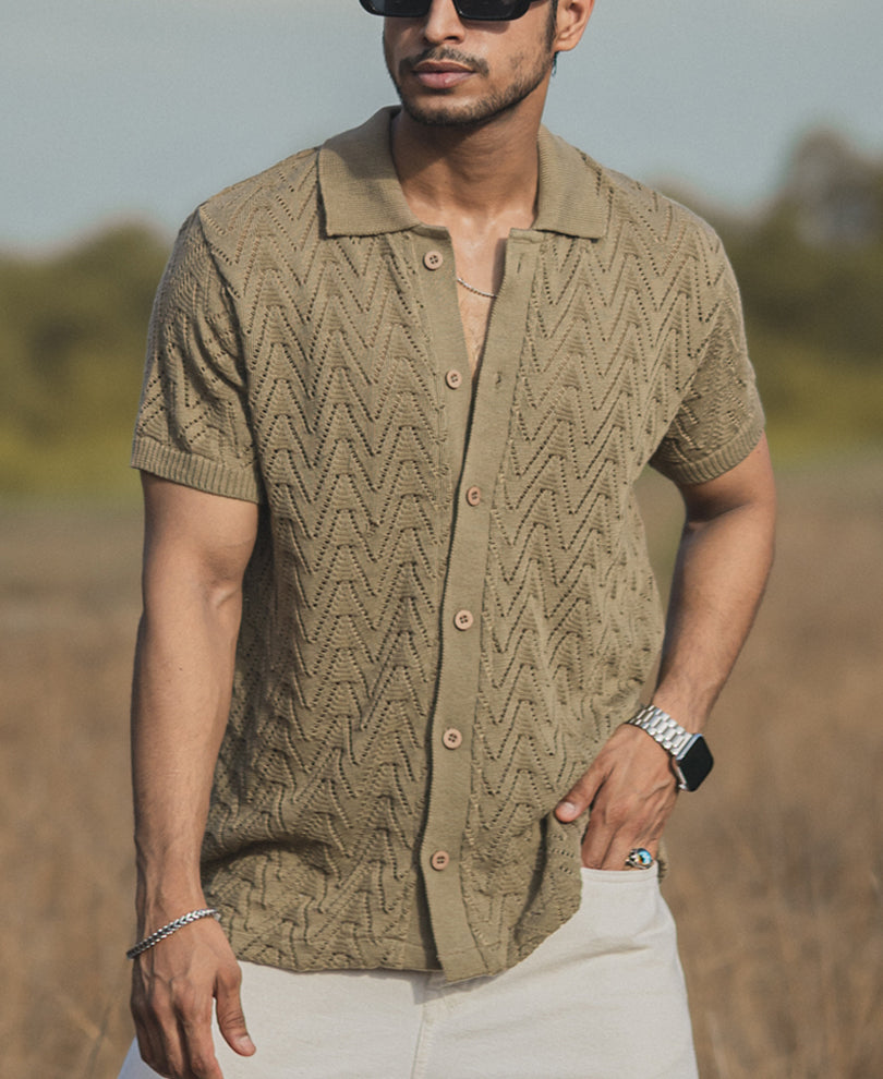 Beige Structured Knitted Half Sleeves Shirt
