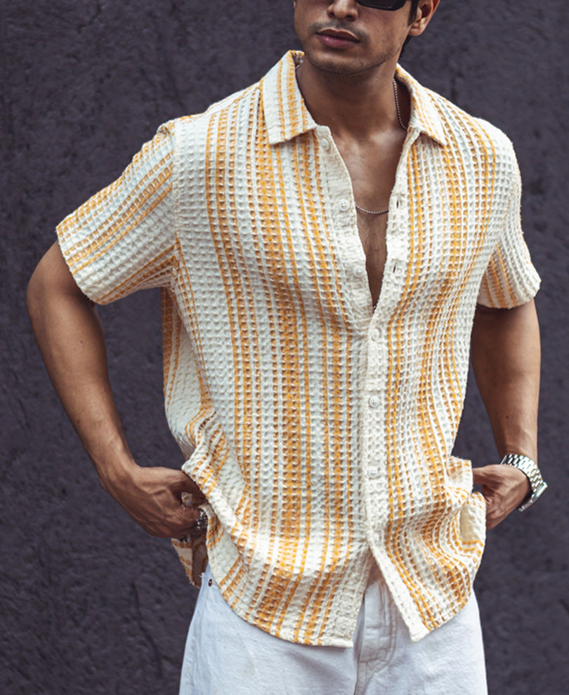 Yellow and Off White Structured Striped Half Sleeves Shirt