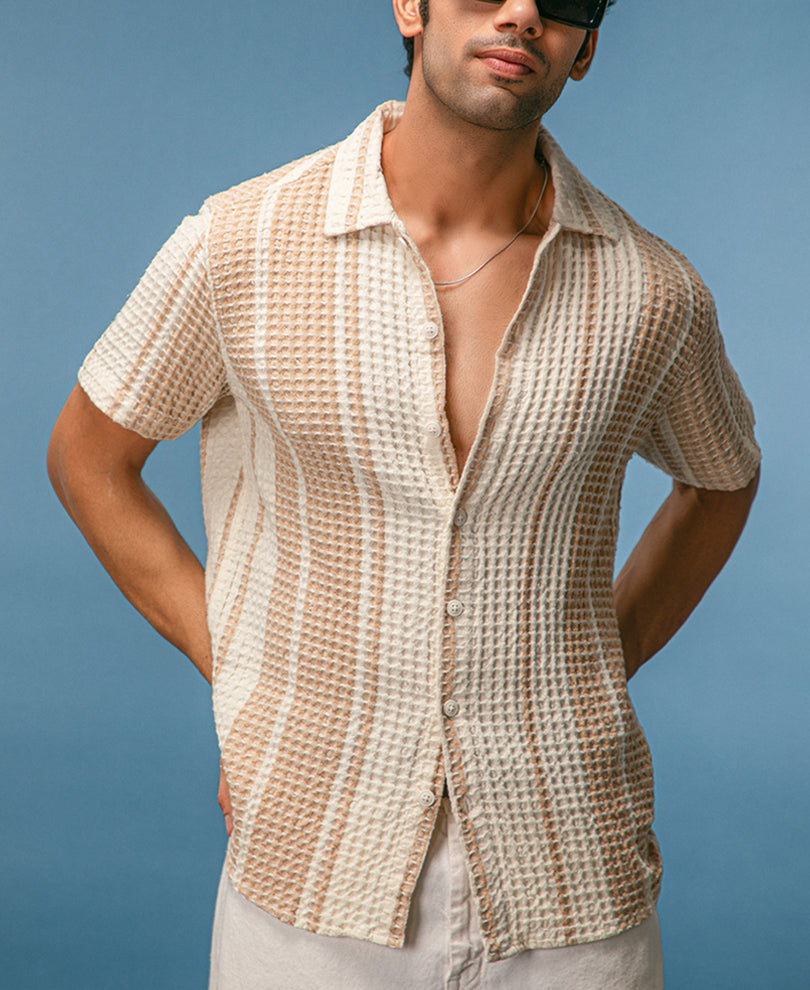 Beige and Off White Structured Half Sleeves Shirt