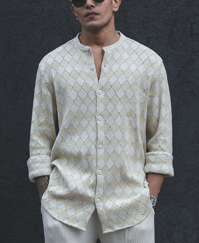 Off White Crochet Kurta Style Shirt