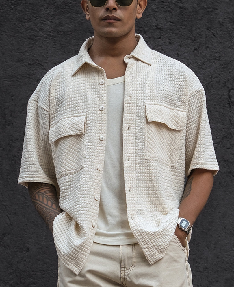 Off White Structured Double Pocket Half Sleeves Shirt