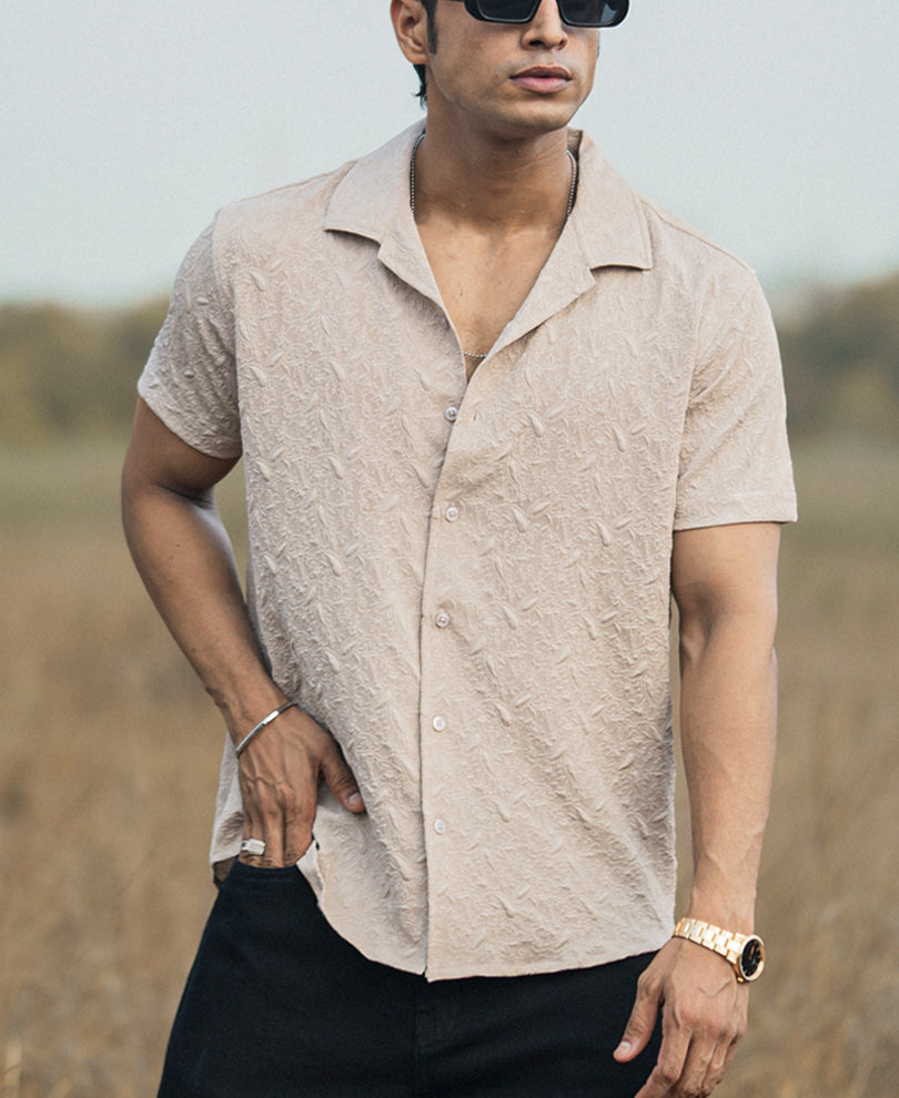 Light Beige Structured Cuban Collar Half Sleeves Shirt