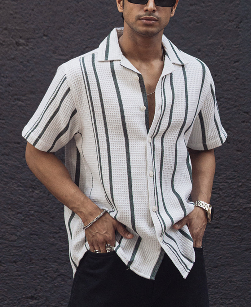 White and Green Structured Striped Regular Half Sleeve Shirt
