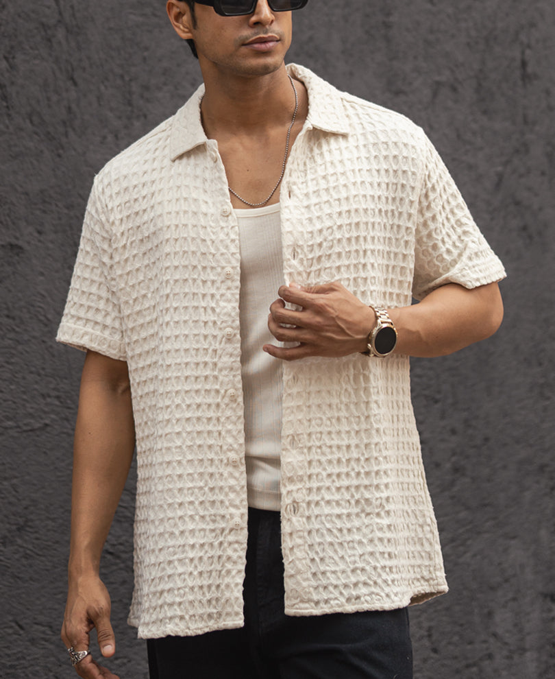 Off White Structured Puff Waffel Half Sleeves Shirt