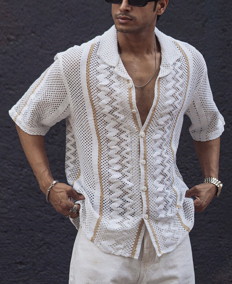 Off White and Beige Crochet Oversized Striped Half Sleeves Shirt
