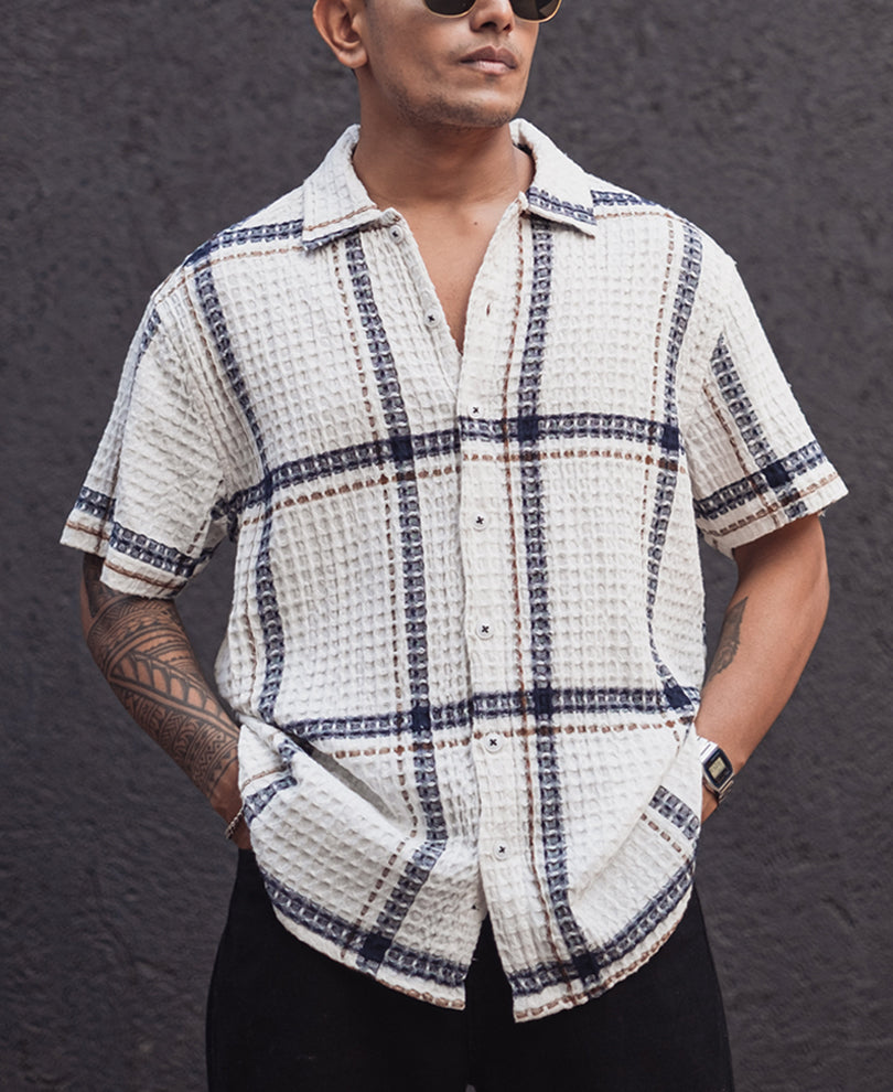 Off White and Navy Blue Structured Checks Half Sleeves Shirt