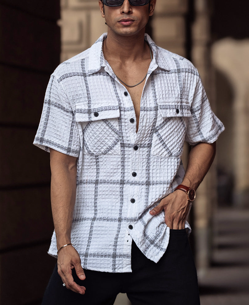 White and Grey Structured Checks Half Sleeves Shirt