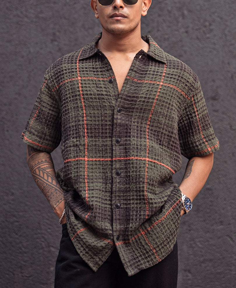 Olive and Black Structured Regular Checks Half Sleeves Shirt