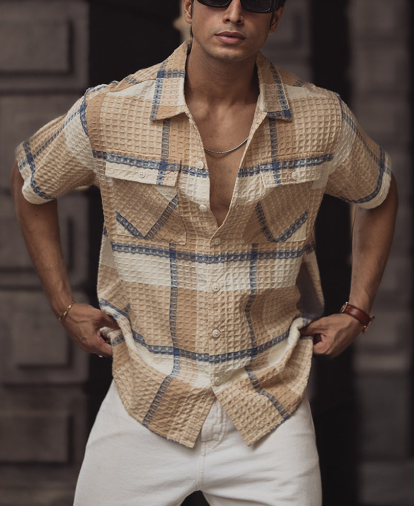 Off White and Beige Structured Checks Half Sleeves Shirt