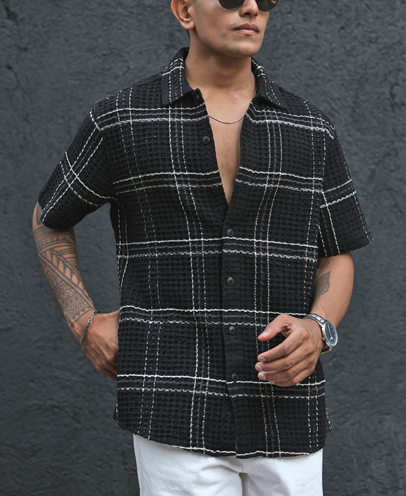 Black Structured Checks Half Sleeves Shirt