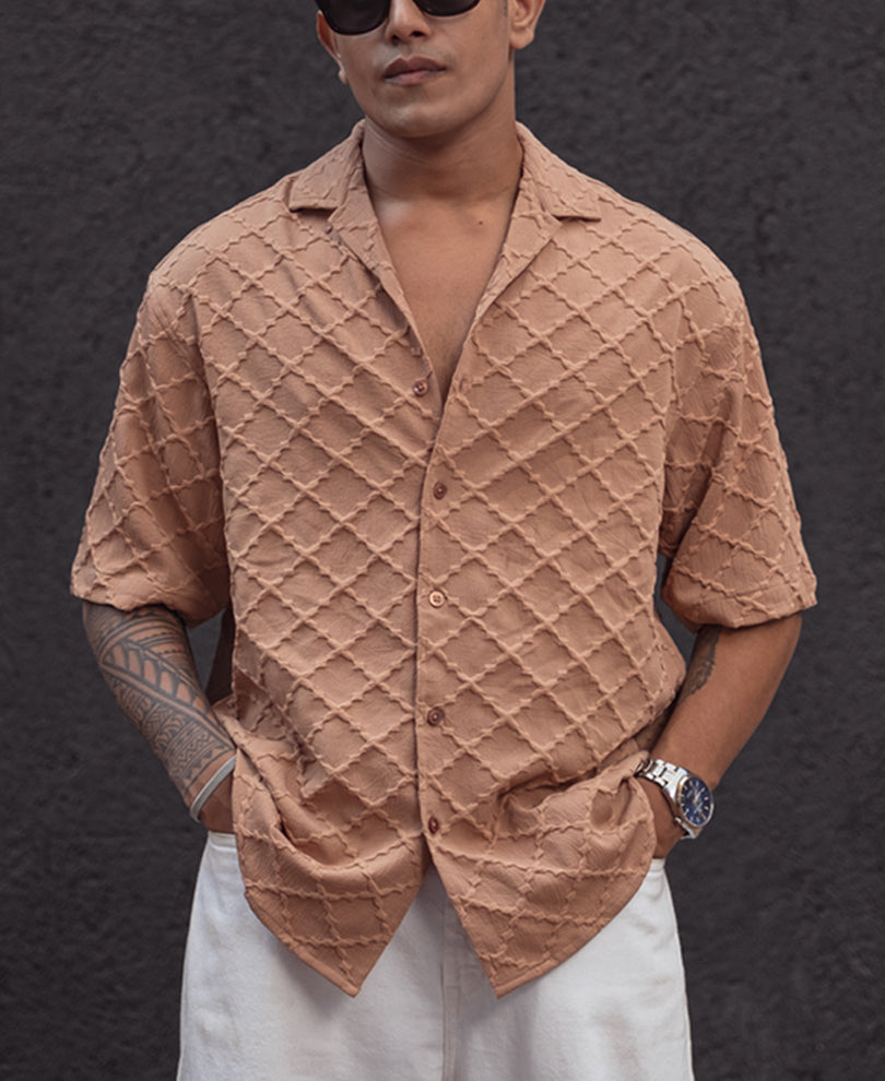 Beige Structured Oversized Half Sleeves Shirt