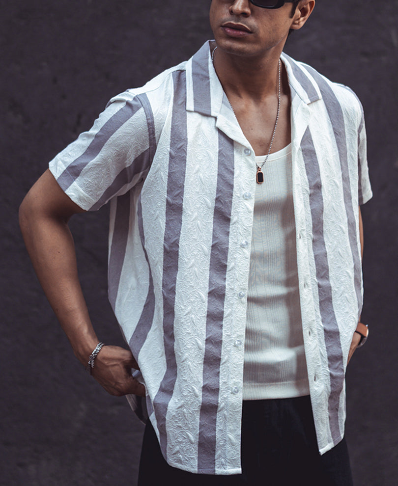 White and Grey Structured Striped Cuban Collar Shirt