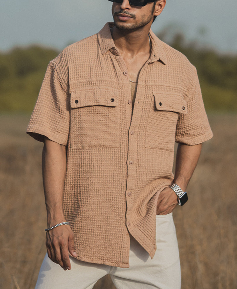 Camel Waffle Structured Oversized Double Pocket Half Sleeves Shirt