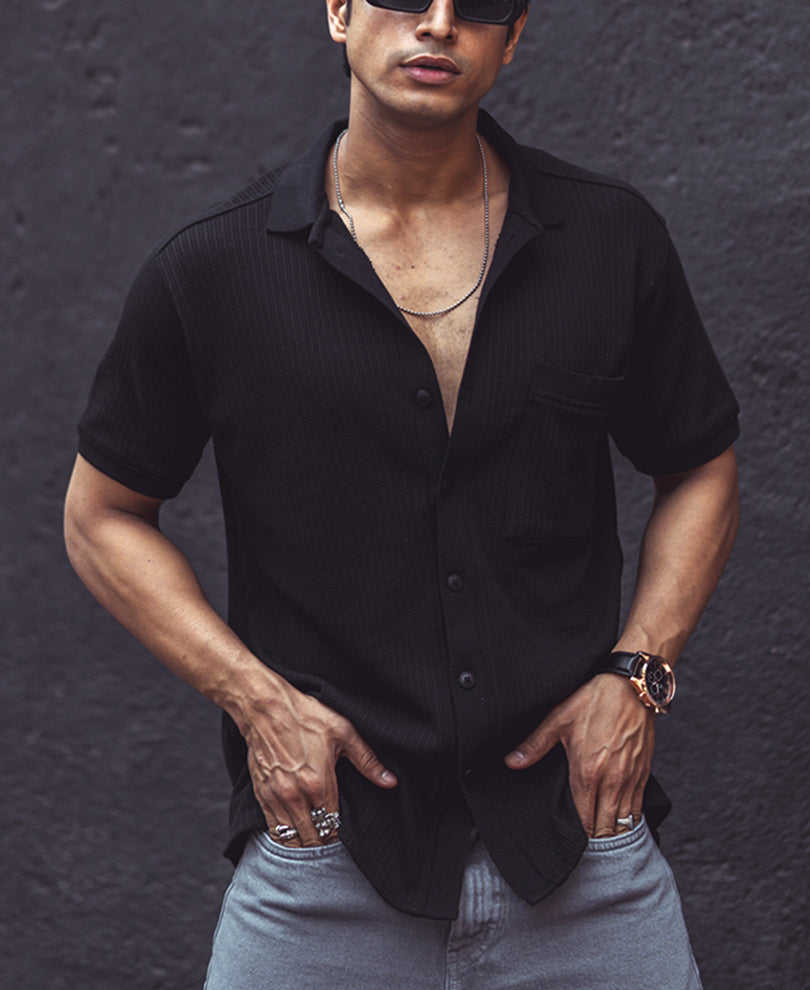 Black Structured Regular Fit Half Sleeves Shirt