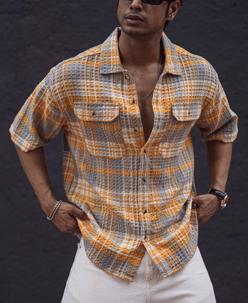 Yellow and Grey Structured Checks Oversized Half Sleeves Shirt