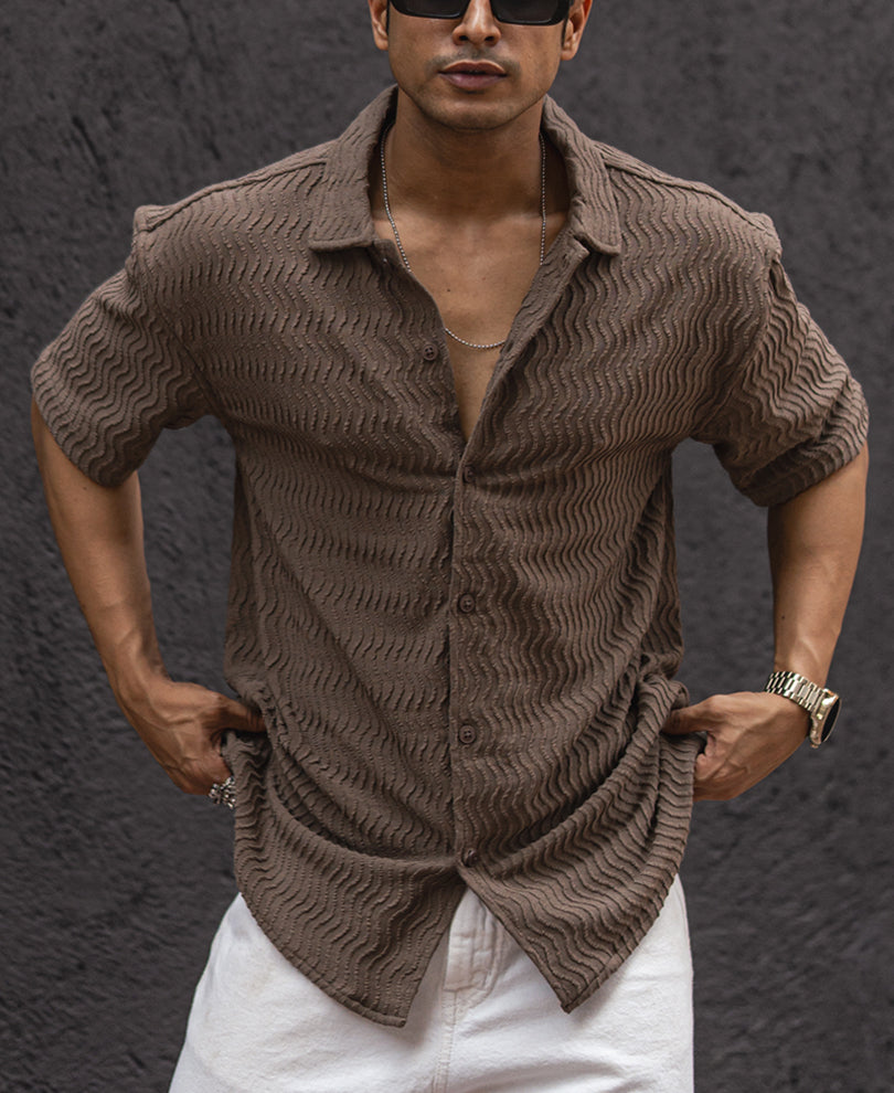 Brown Structured Oversized Fit Half Sleeves Shirt