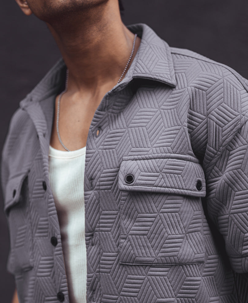 Grey Structured Double Pocket Oversized Half Sleeves Shirt