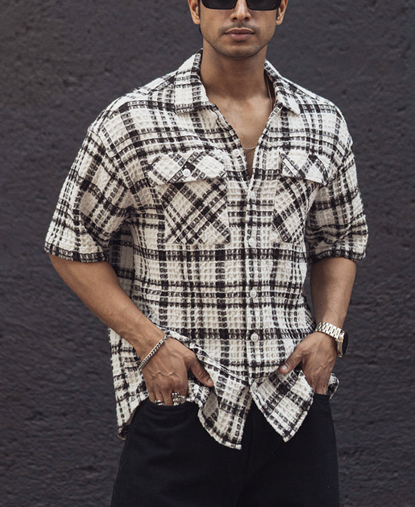 Brown and Off White Structured Oversized Checked Shirt