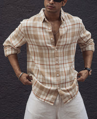 Beige and White Checks Regular Full Sleeves Shirt