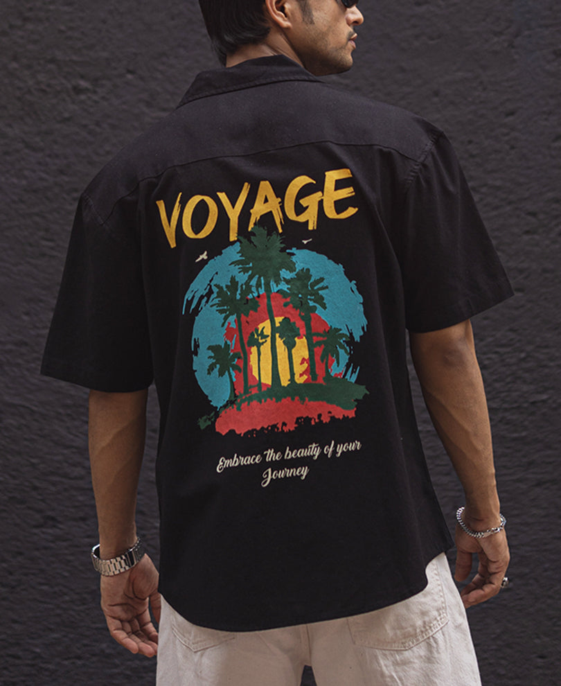 Black Voyage Printed Oversized Half Sleeves Shirt