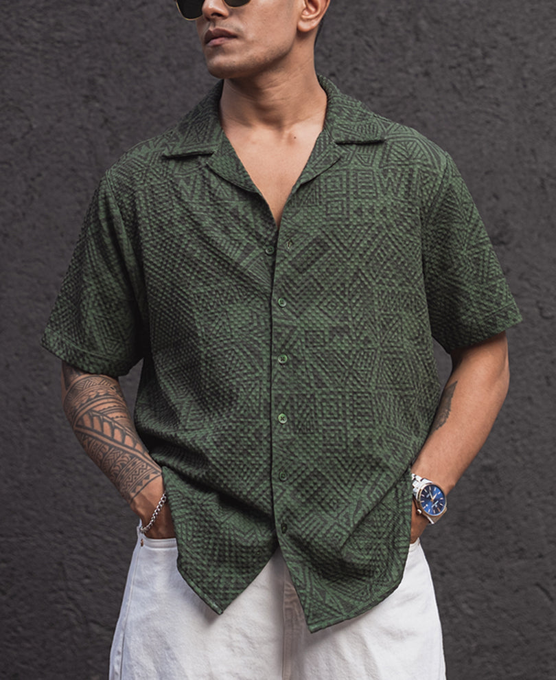 Green Structured Printed Regular fit Half Sleeves Shirt