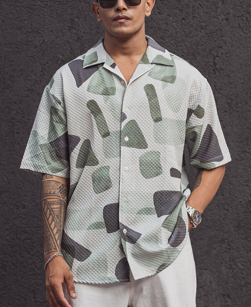 White and Green Structured Printed Oversized Half Sleeves Shirt