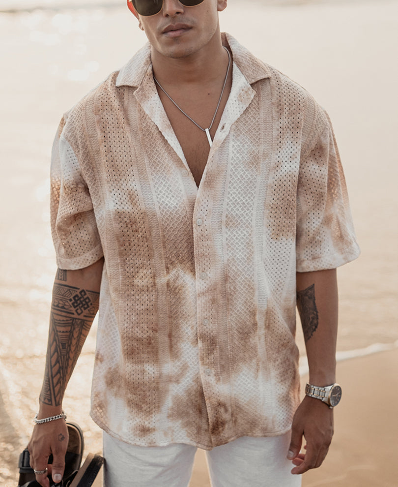 Beige Oversized Tie-dye Structured Half Sleeves Shirt