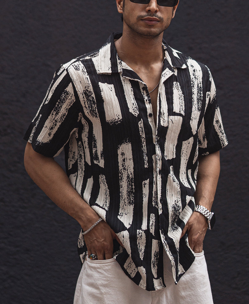 Black and Off White Printed Regular Half Sleeves Shirt