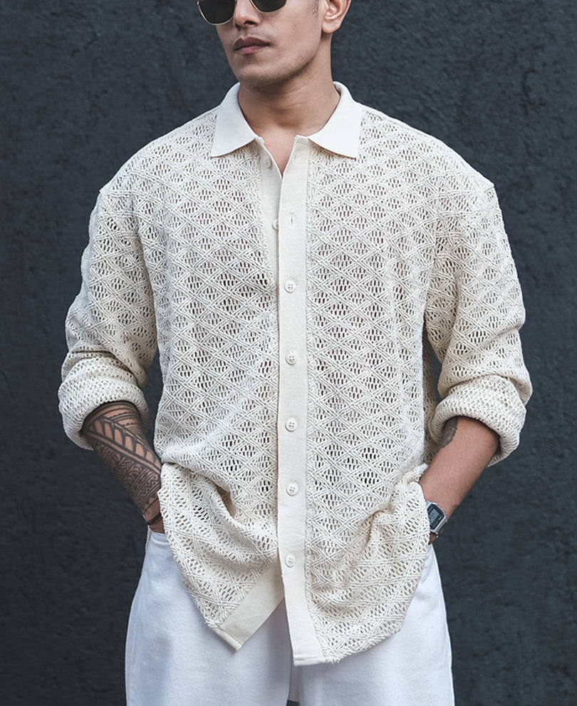 Cream Crochet Knit Oversized Full Sleeves Shirt