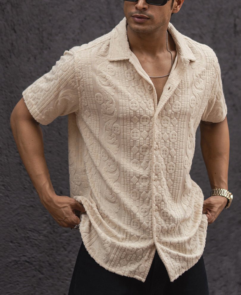 Cream Structured Regular Half Sleeves Shirt