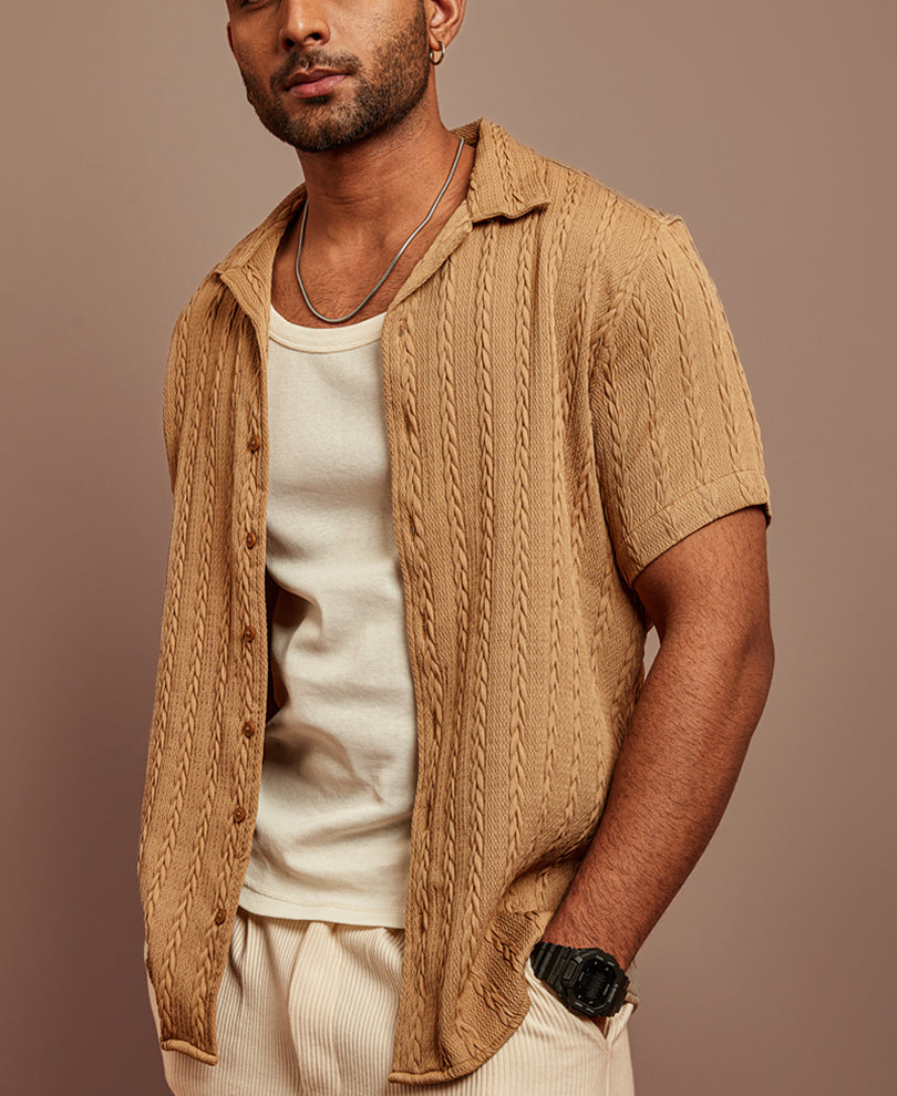 Camel Textured Half Sleeves Shirt