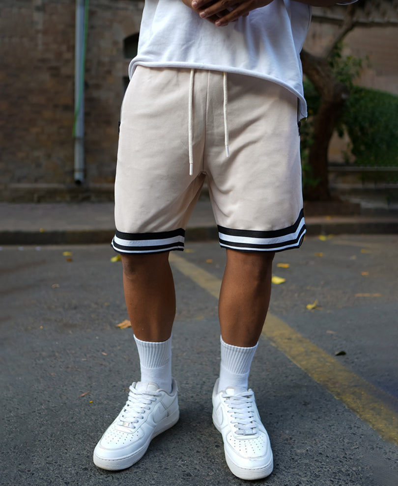 Cream Baggy Fit Shorts with Pocket Chain