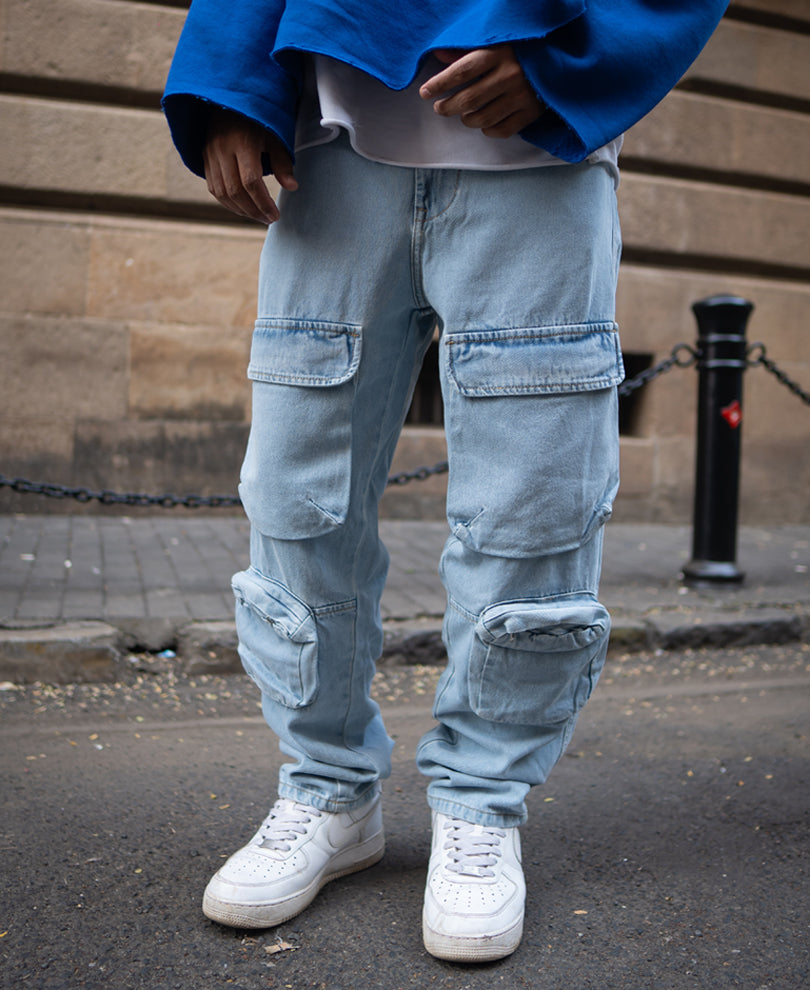 Ice Blue Baggy Fit Denim Jeans With Pockets