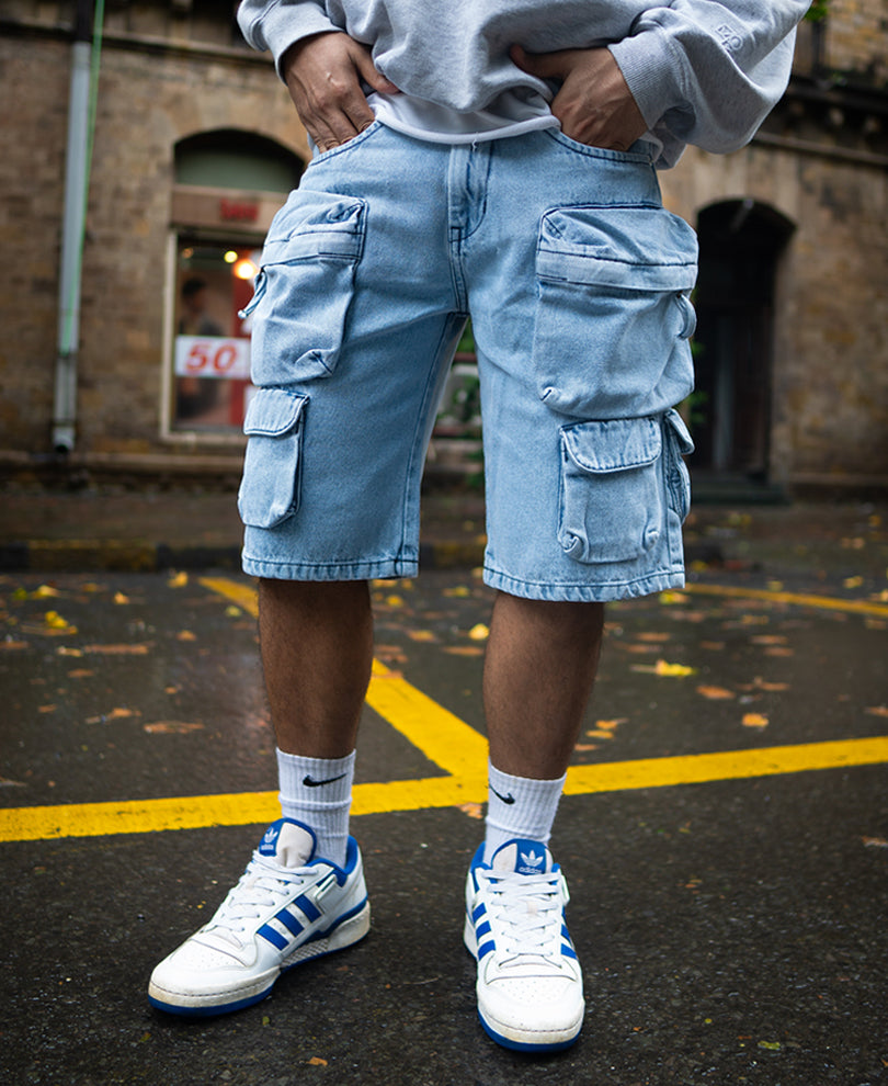 Ice Blue Baggy Fit Cargo Denim Shorts