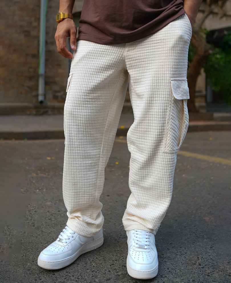 Cream Structured Knit Baggy Fit Pant