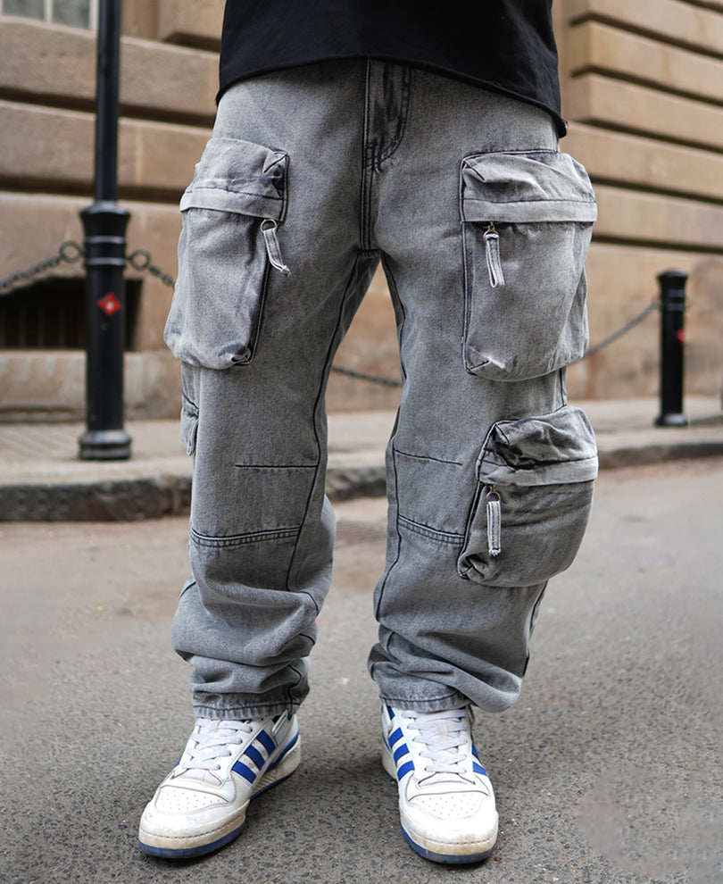 Grey Denim Baggy Fit Cargo Jeans