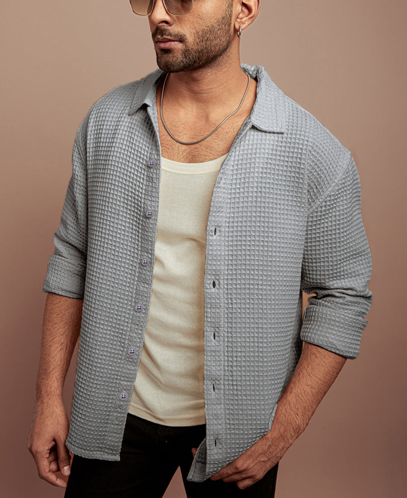 Grey Waffle Structured Regular fit Full Sleeves Shirt