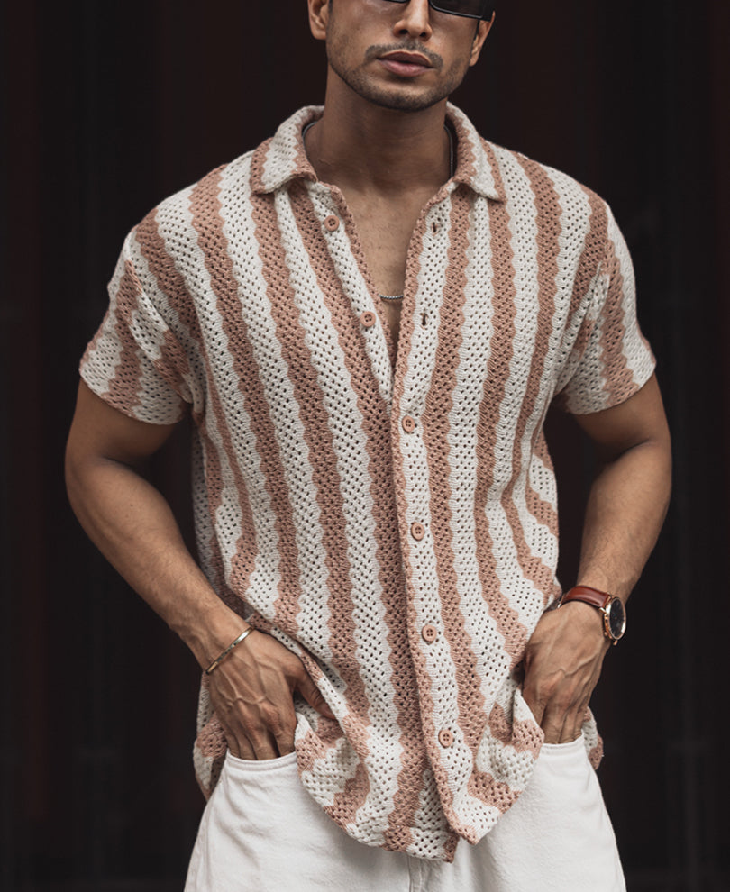 Beige and Off White Crochet Striped Regular Fit Half Sleeve Shirt