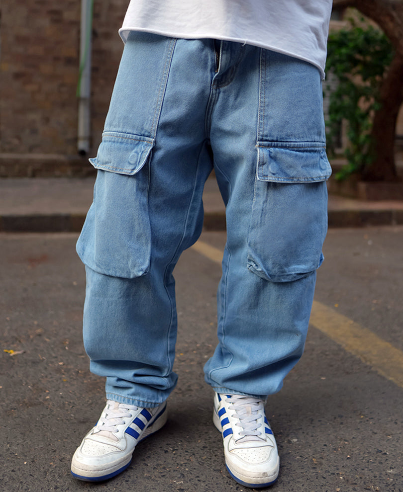 Ice Blue Denim Cargo Pocket Baggy Fit Jeans