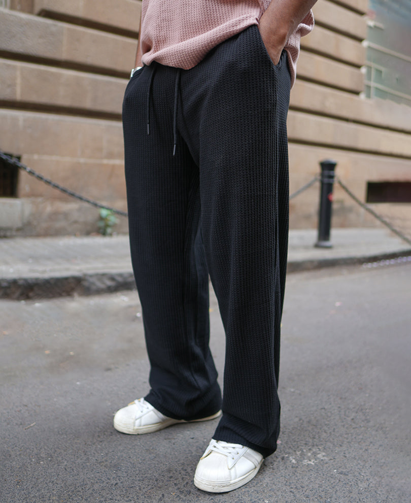 Black Waffle Baggy Fit Track Pant