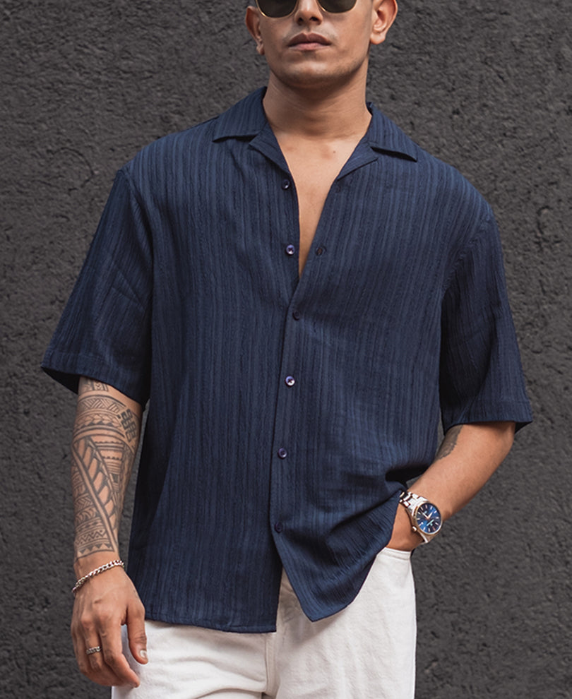 Navy Blue Structured Oversized Half Sleeves Shirt