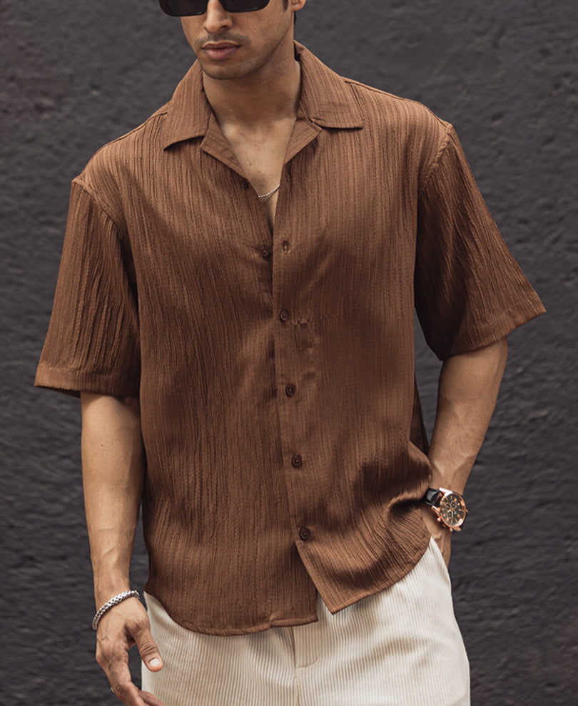 Brown Oversized Structured Half Sleeves Shirt